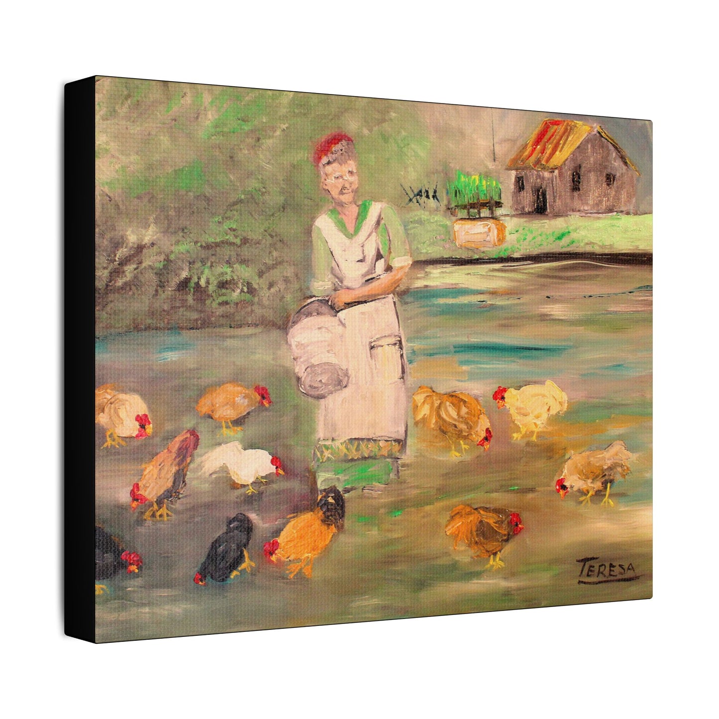 Feeding the Chickens - Art- Gallery Wrapped- Satin Stretched Canvas Gallery Wraps - No Frame Needed