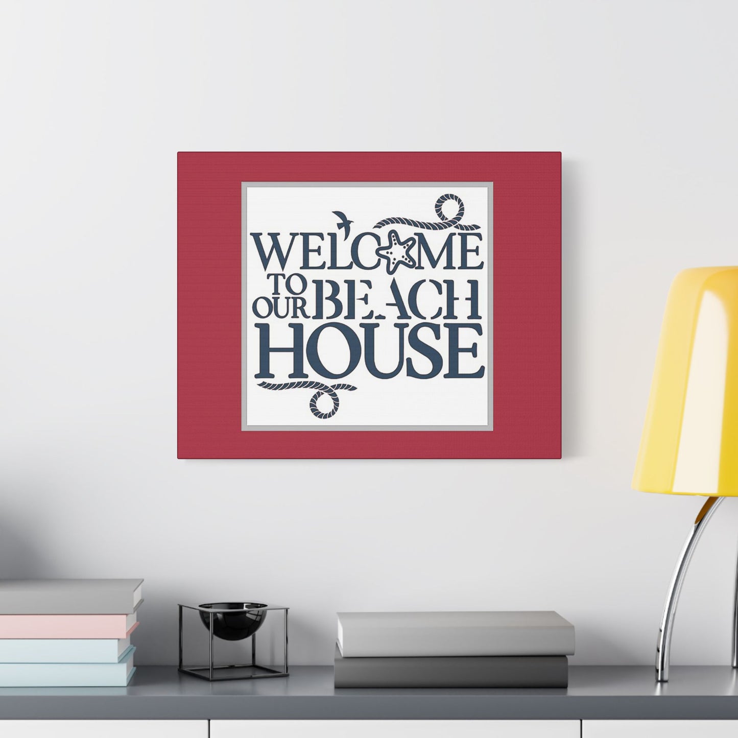 Welcome to Our Beach House-Red Background - Art- Gallery Wrapped- Satin Stretched Canvas Gallery Wraps - No Frame Needed