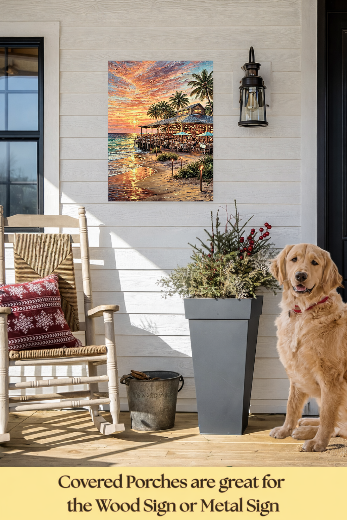 Beachside Dining At Sunset| Coastal Print| Vacation Art| Ocean Beach Print| Travel Poster| Giclee Paper- Wood- Metal- Canvas