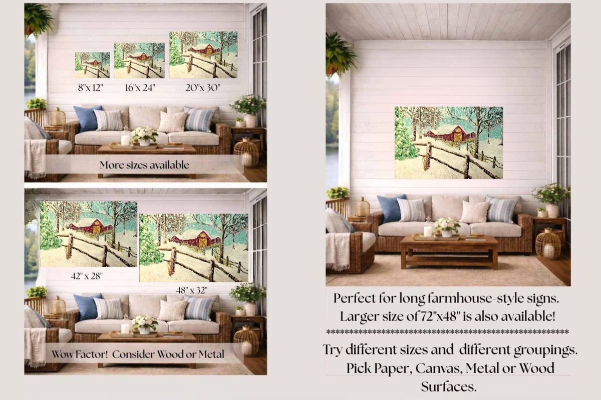 Snowy Christmas Morning| Merry Christmas Art| Vintage Look Farm Barn| Giclee Paper- Wood- Metal- Canvas