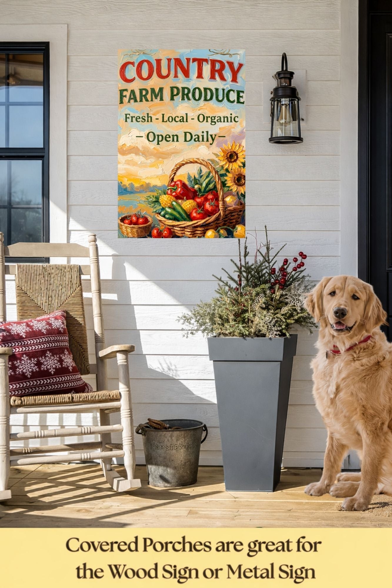 Country Farm Produce Sign | Fresh Local Organic Farm Market Wall Art | Rustic Farmhouse Kitchen Decor | Canvas, Wood, Metal &amp; Giclée Print