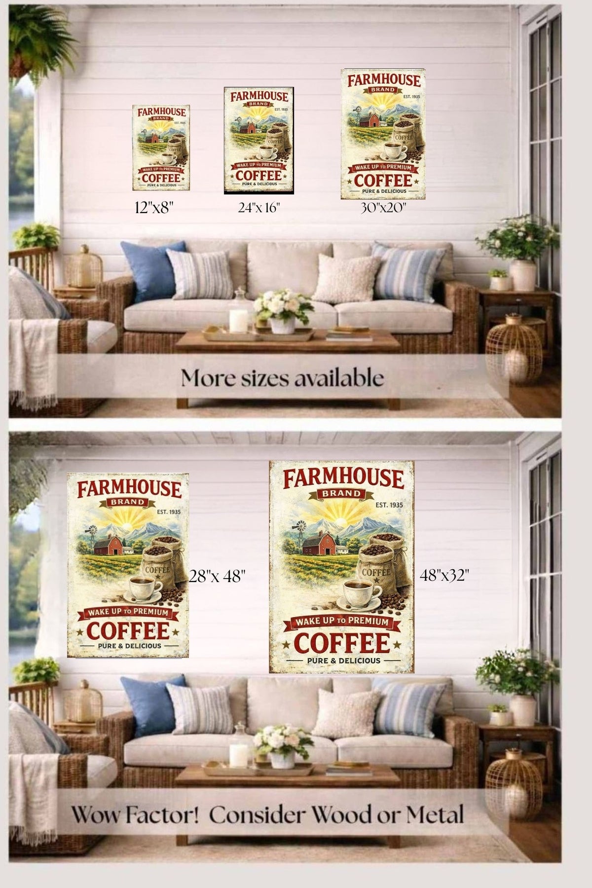 Farmhouse Morning Coffee | Vintage Coffee Sign Wall Art | Prints on Paper, Canvas, Wood or Metal
