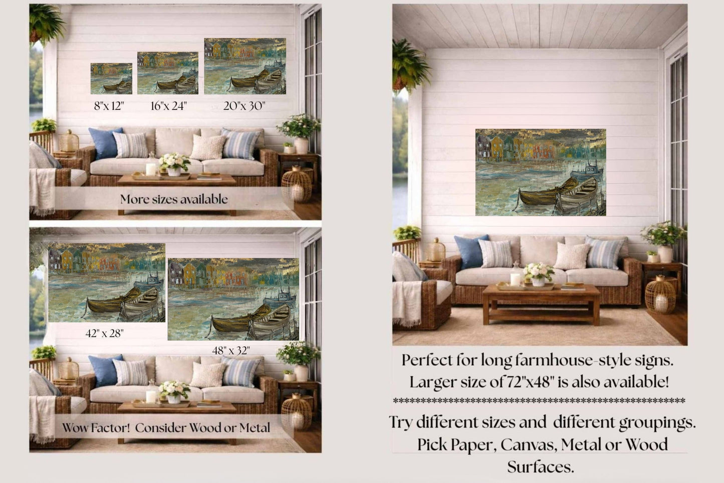 Rainy Harbor | Original Teresa Johnson Coastal Harbor Painting | Fishing Boats & Waterfront Village | Giclée Paper • Wood • Metal • Canvas