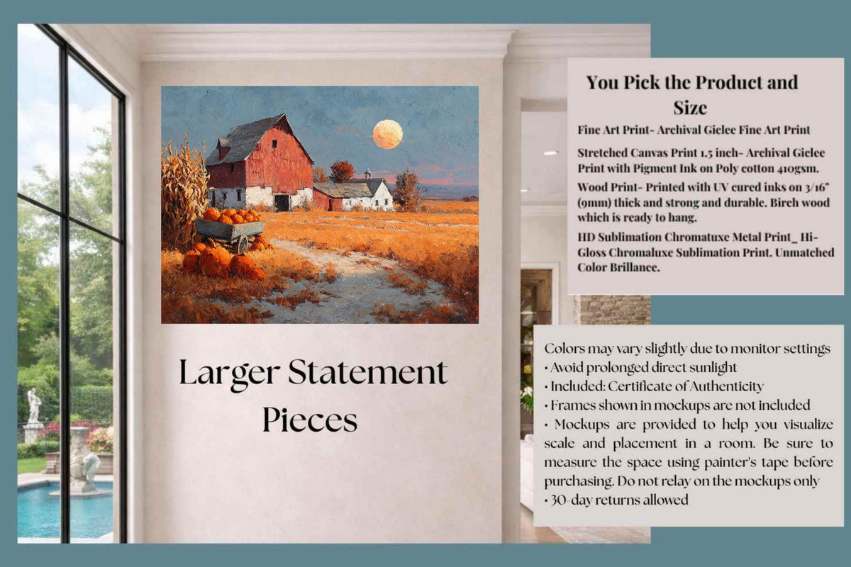 Harvest Moon at the Old Red Barn | Autumn Farmhouse Art | Prints, Canvas, Wood, or Metal