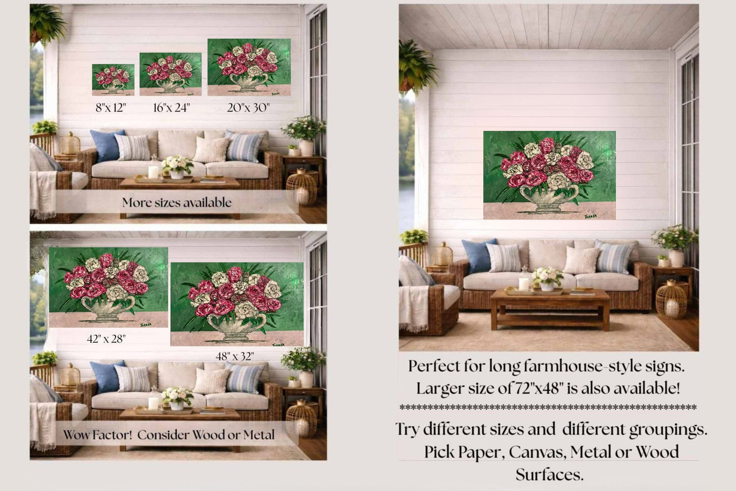 Garden's Best Arrangement | Original Teresa Johnson Floral Painting | Pink & White Roses in Vintage Pitcher | Giclée Paper • Wood • Metal • Canvas