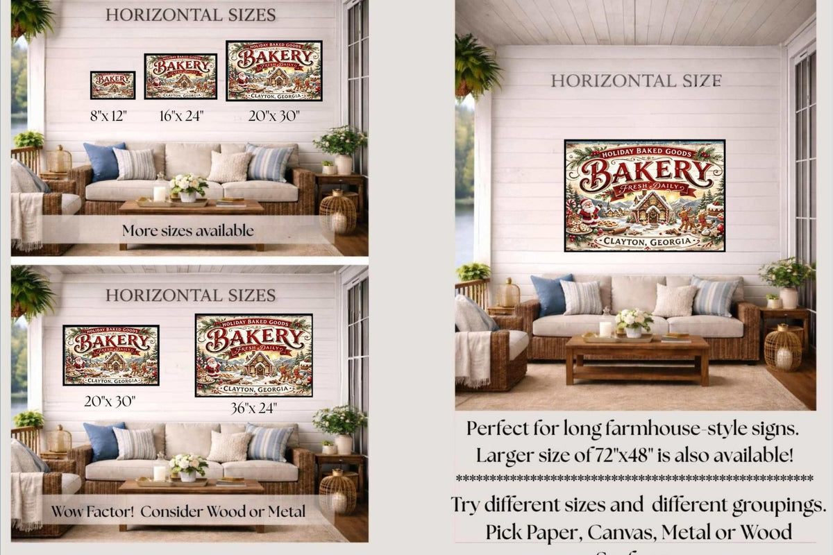 Christmas Bakery Clayton Georgia Vintage Style Sign- Art Giclee Paper- Wood- Metal- Canvas