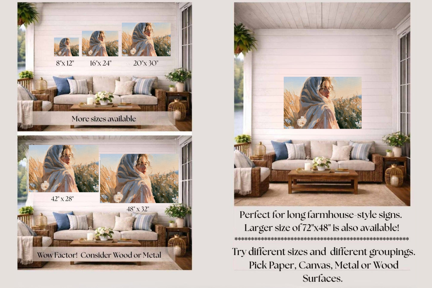 Lovely Woman | Vintage Farm Girl Art Print | Golden Wheat Field | Rustic Country Wall Art | Giclee Paper Canvas Wood & Metal