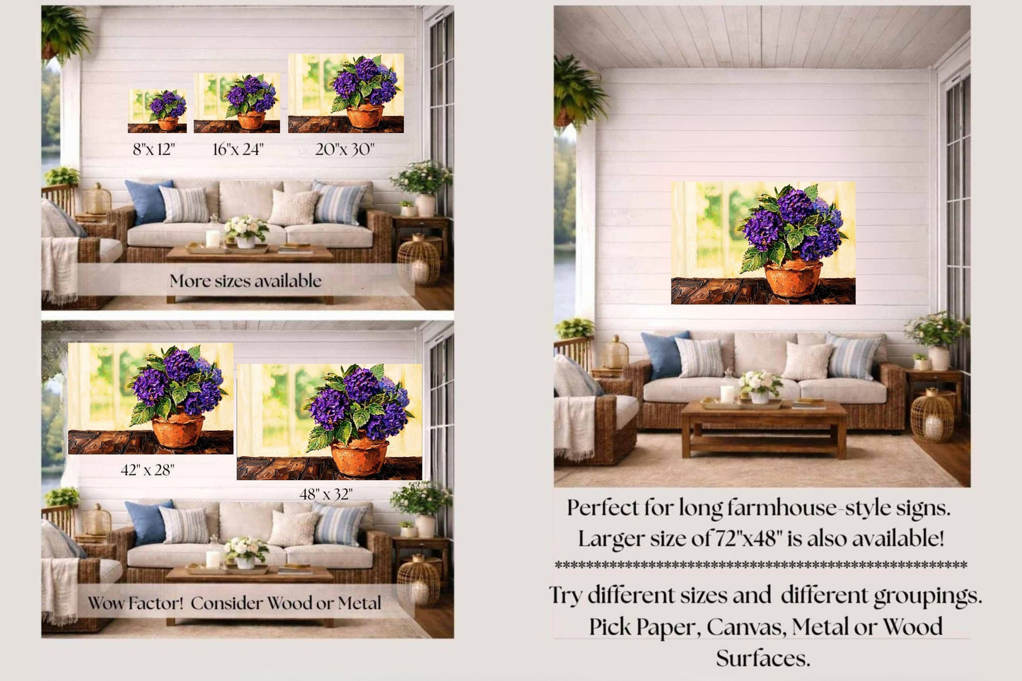 French Country Hydrangeas | Purple Hydrangea Floral Art Print | Cottage Garden Wall Decor | Giclée Paper, Canvas, Wood & Metal