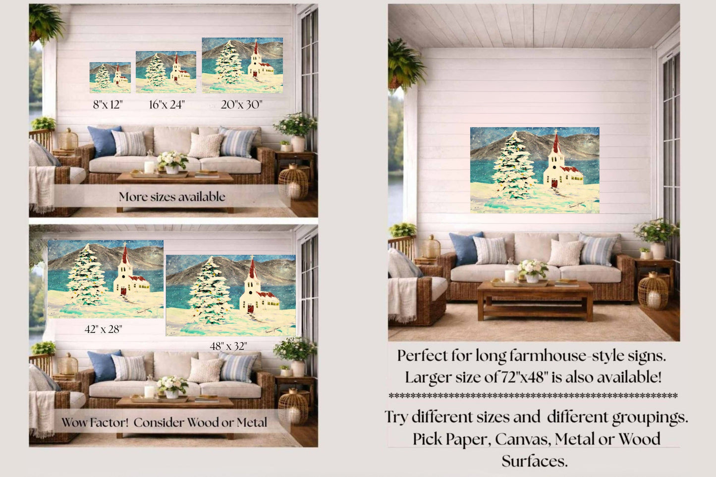 Church In the Rockies| Christmas Tree in Snow art| Giclee Paper- Wood- Metal- Canvas