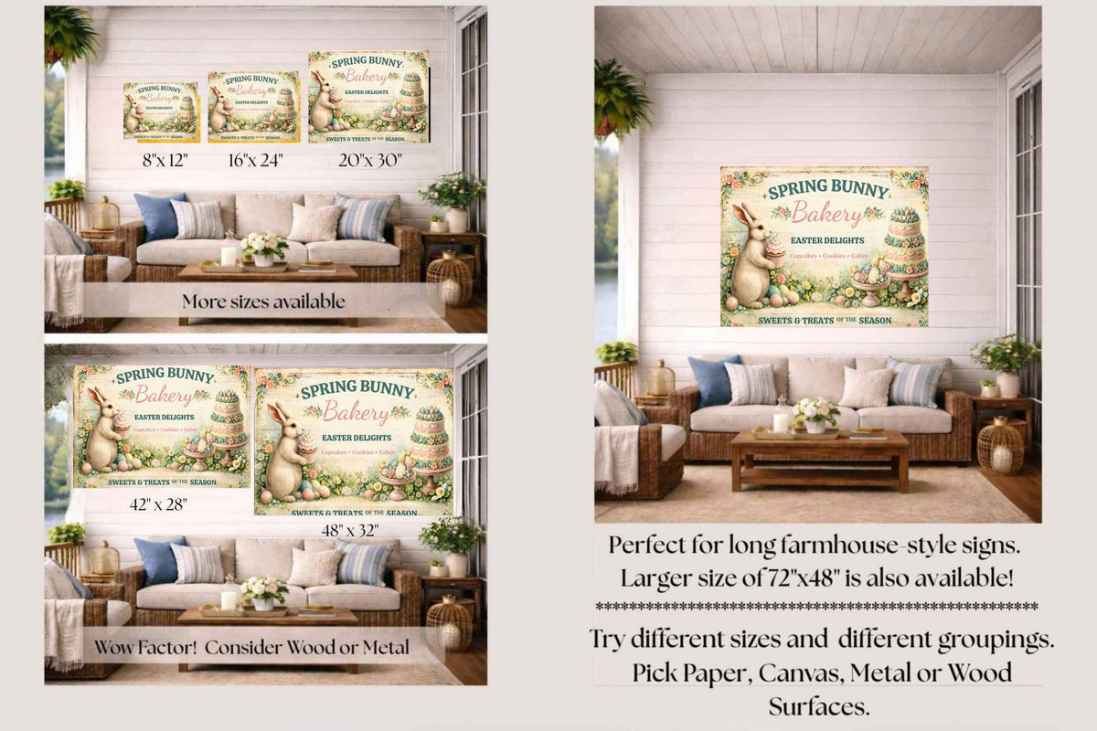 Spring Bunny Bakery Sign With Treats| Prints, Canvas, Wood, or Metal Art