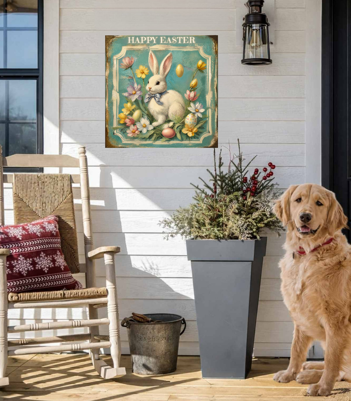 Happy Easter Bunny Art| Vintage Style Midcentury Flower Design| Giclee Paper- Wood- Metal- Canvas