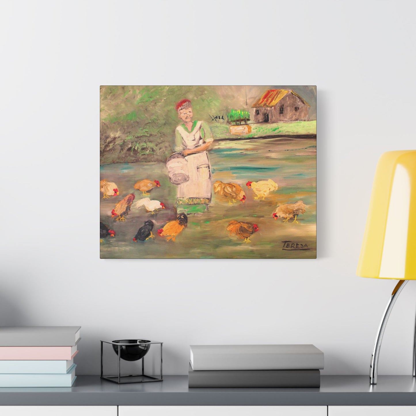 Feeding the Chickens - Art- Gallery Wrapped- Satin Stretched Canvas Gallery Wraps - No Frame Needed