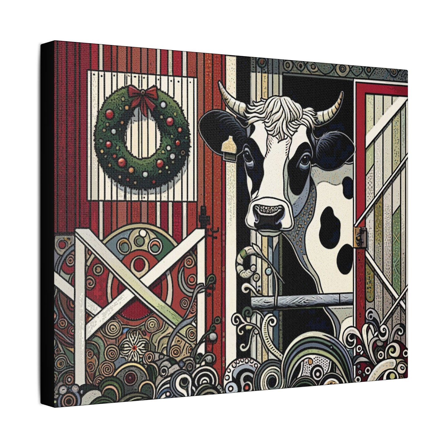 Holly, the Christmas Cow- Art- Gallery Wrapped- Satin Stretched Canvas Gallery Wraps - No Frame Needed