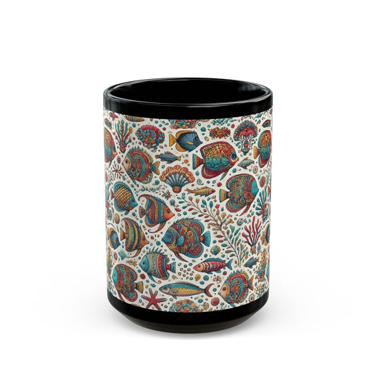 Fishes of the Sea- 11 oz or 15 oz Ceramic Black Mugs