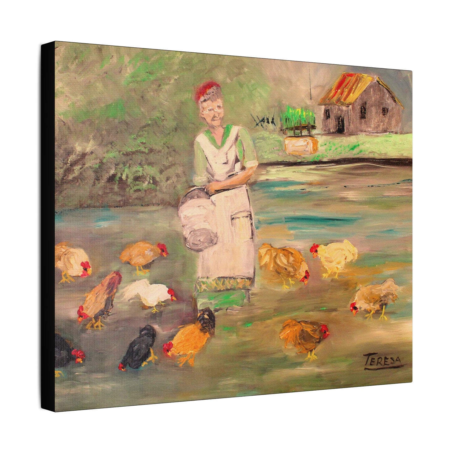 Feeding the Chickens - Art- Gallery Wrapped- Satin Stretched Canvas Gallery Wraps - No Frame Needed