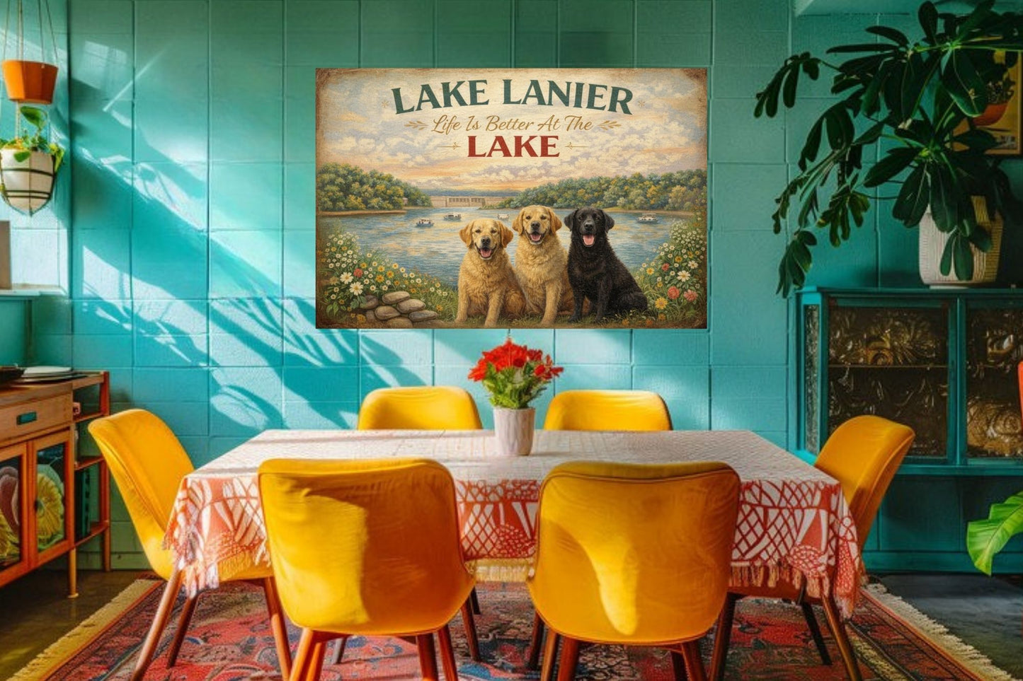 Lake Lanier Sunset with Happy Pups| Buford Dam| Chattahoochee Rivers Art| Giclee Paper- Wood Sign- Metal Sign- Canvas