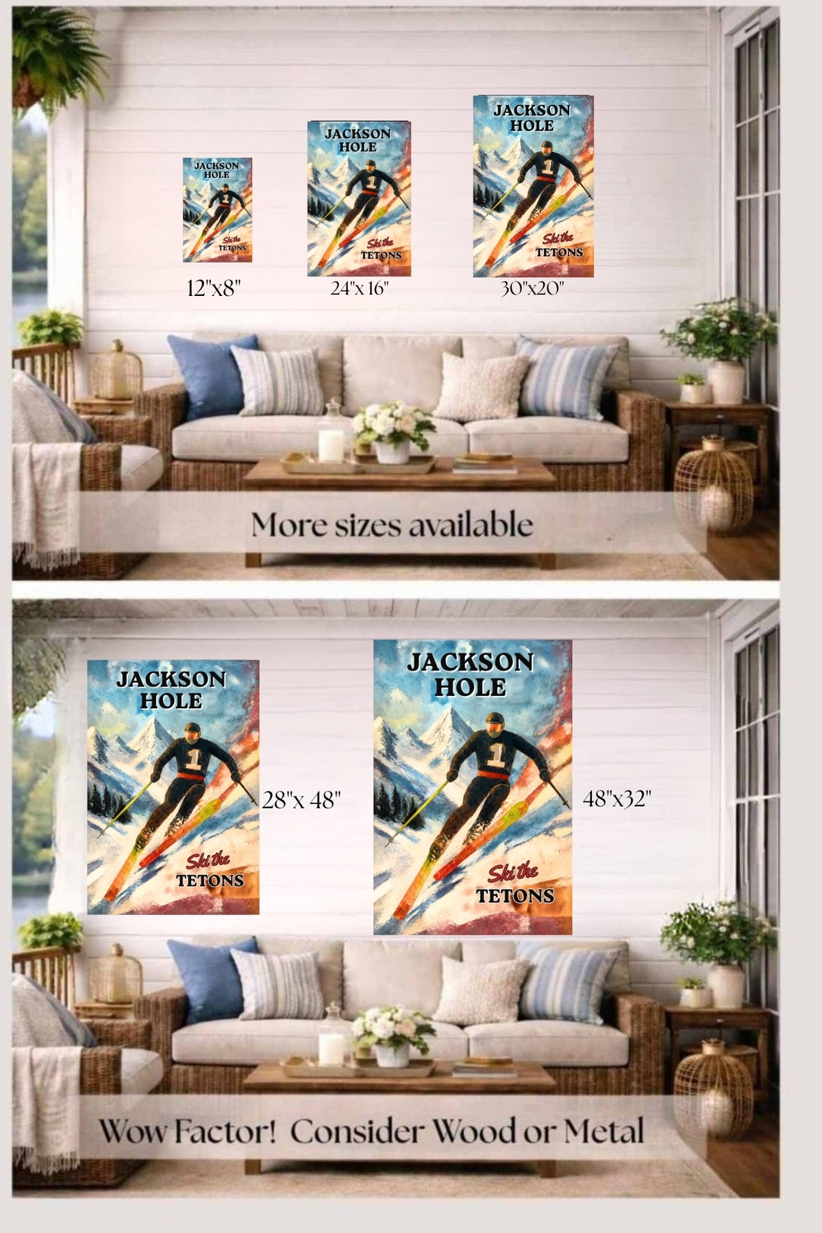 Jackson Hole | Ski the Tetons | Vintage Style Ski Art | Giclée Paper • Wood • Metal • Canvas