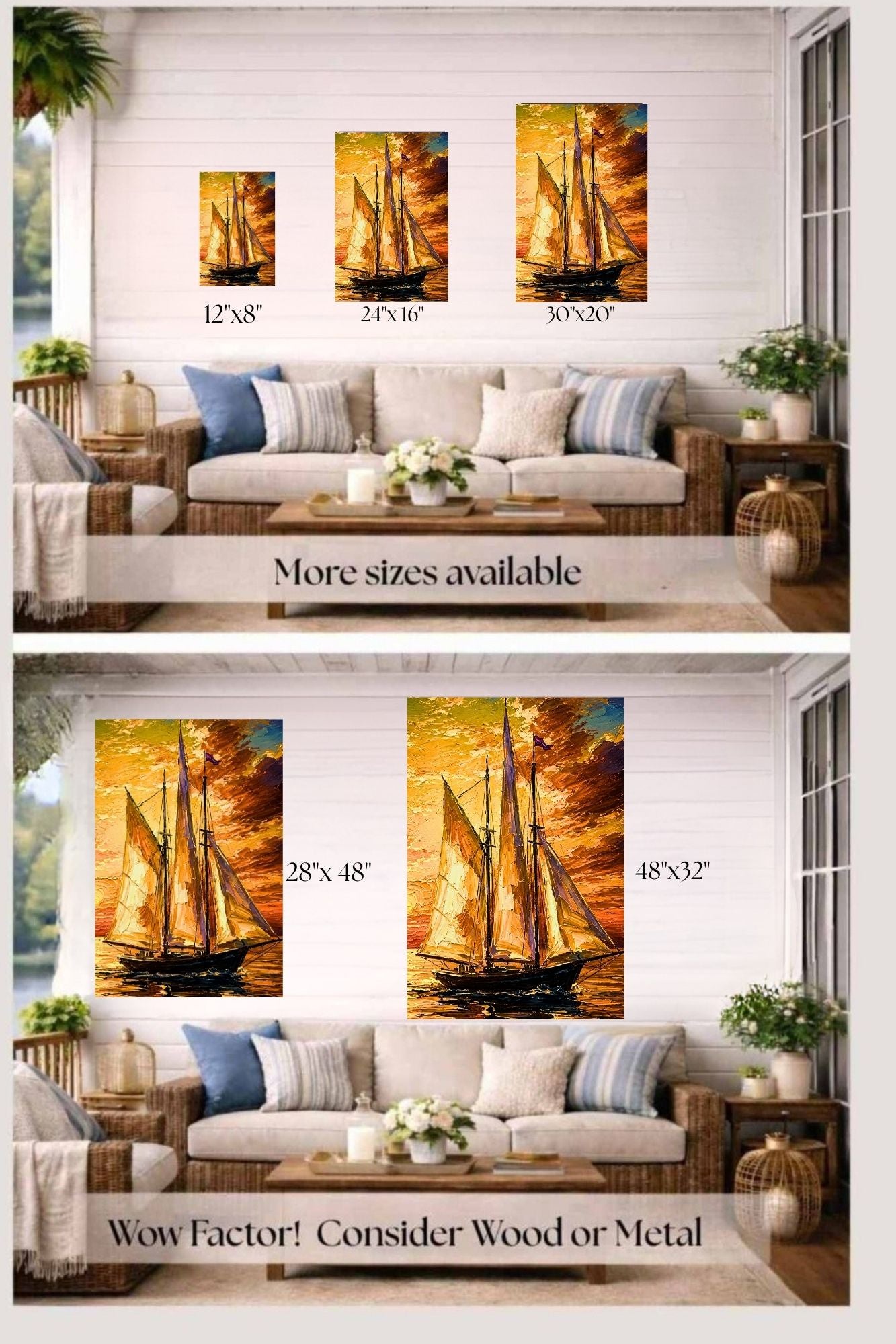 Golden Evening Voyage | Impressionist Sailboat Sunset Wall Art | Coastal Ocean Painting | Giclée Print on Paper, Canvas, Wood & Metal