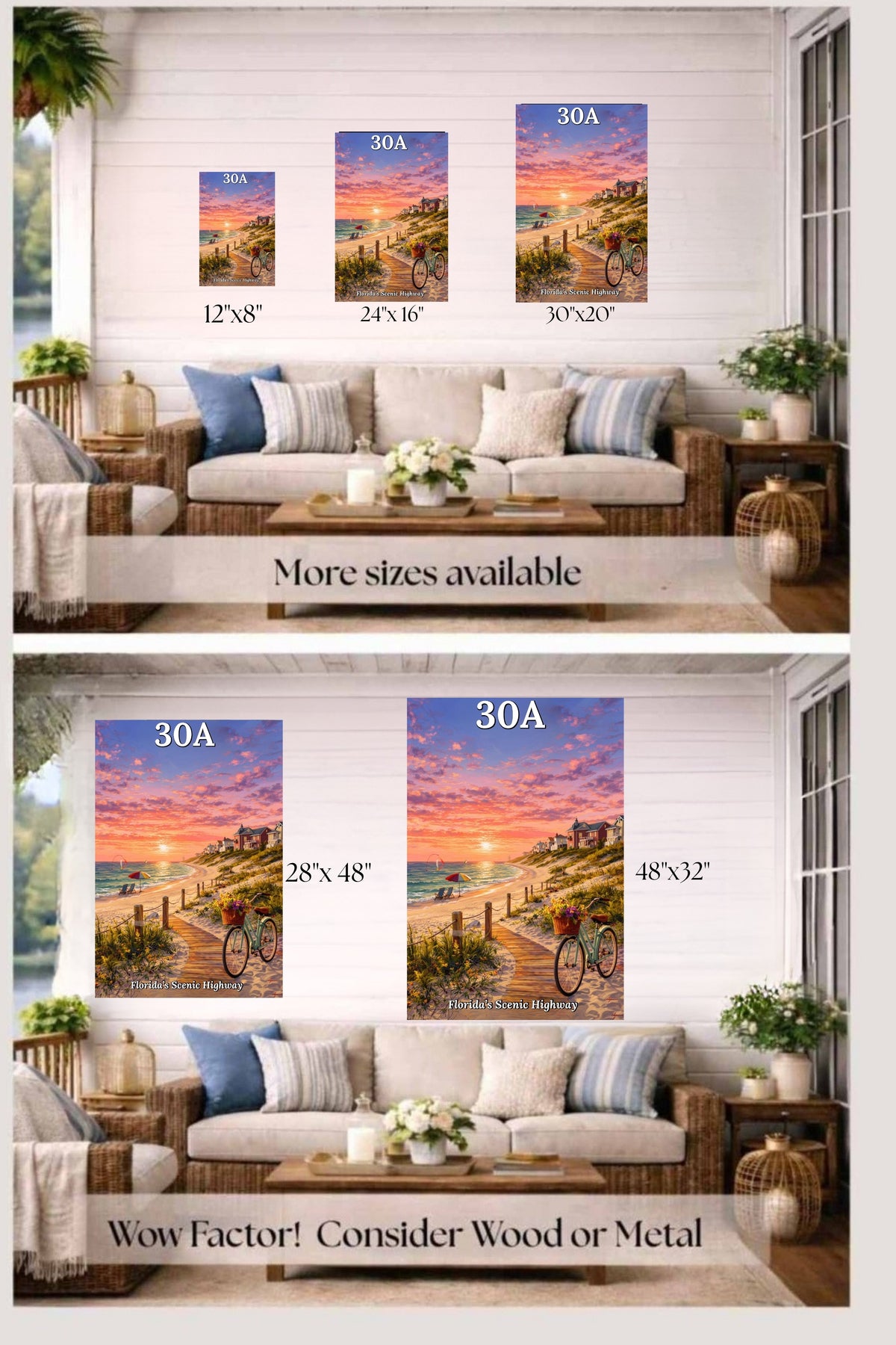 Bicycle Ride Along Florida 30A| Beach and Sunset Art| Travel Poster| Giclee Paper- Wood- Metal- Canvas