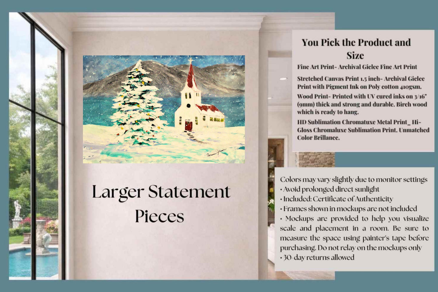Church In the Rockies| Christmas Tree in Snow art| Giclee Paper- Wood- Metal- Canvas