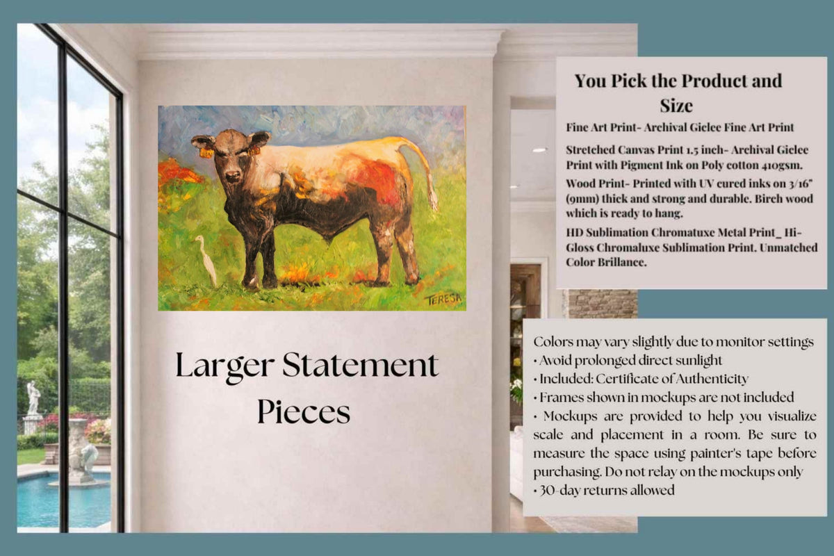 White Egret and the Bull|Cattle Farm| Animal Art| Giclee Paper- Wood- Metal- Canvas