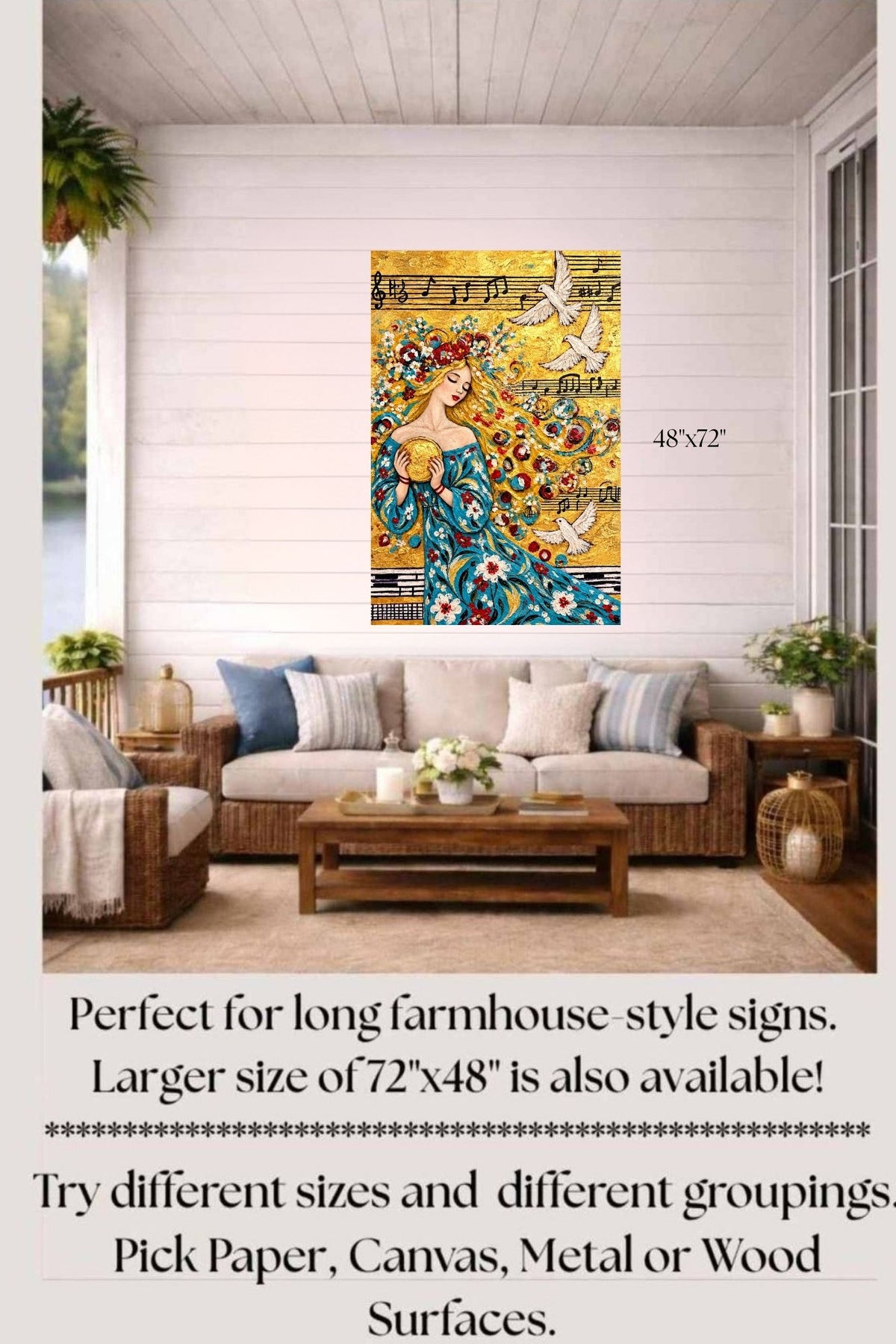 Carol’s Golden Song | Heavenly Inspired Music Art | Woman and Dove Wall Art | Giclée Paper, Canvas, Wood or Metal