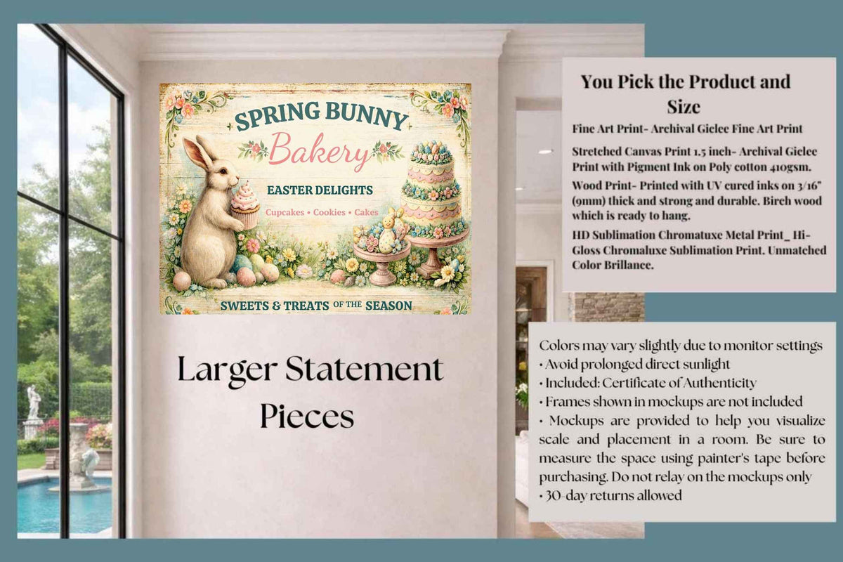 Spring Bunny Bakery Sign With Treats| Prints, Canvas, Wood, or Metal Art