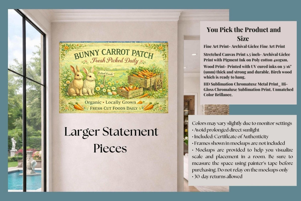 Bunny Carrot Patch Art| Giclee Paper,  Prints, Canvas, Wood, or Metal Art