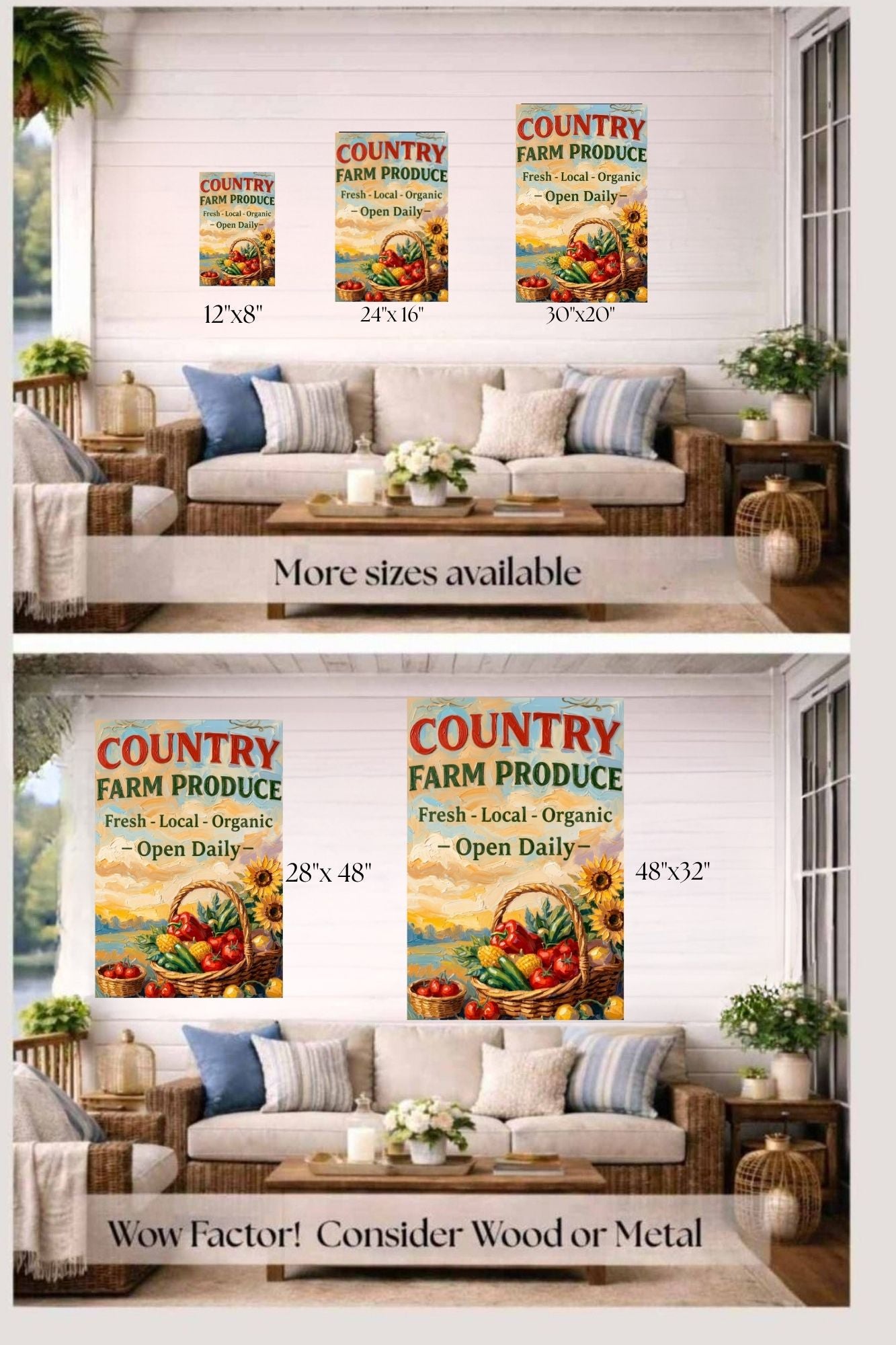 Country Farm Produce Sign | Fresh Local Organic Farm Market Wall Art | Rustic Farmhouse Kitchen Decor | Canvas, Wood, Metal &amp; Giclée Print