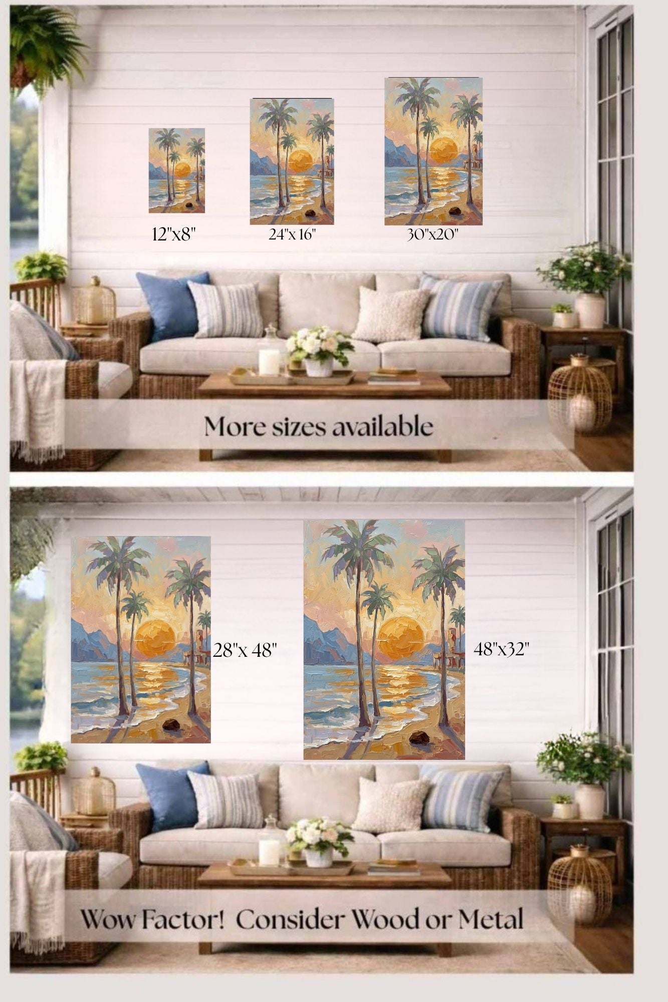 Tropical Sunset View | Impressionist Island Beach Wall Art | Coastal Palm Tree Painting | Giclée Print on Paper, Canvas, Wood & Metal
