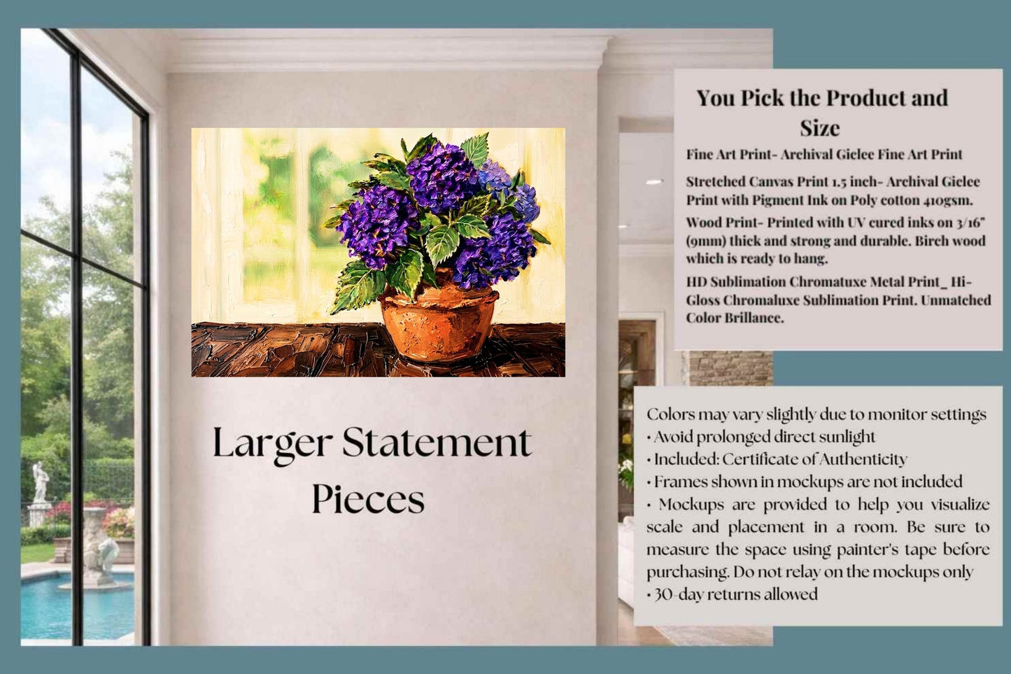 French Country Hydrangeas | Purple Hydrangea Floral Art Print | Cottage Garden Wall Decor | Giclée Paper, Canvas, Wood & Metal