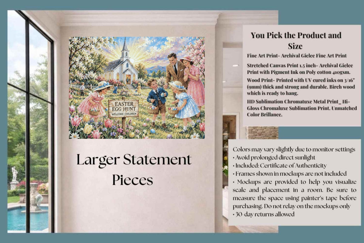 Easter Egg Hunt At the Country Church | Giclee Paper, Prints, Canvas, Wood, or Metal Art
