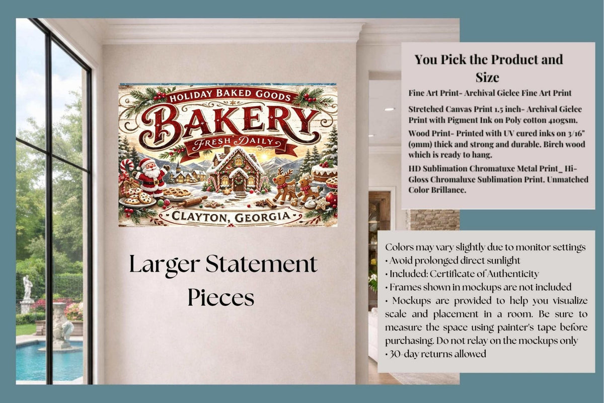 Christmas Bakery Clayton Georgia Vintage Style Sign- Art Giclee Paper- Wood- Metal- Canvas