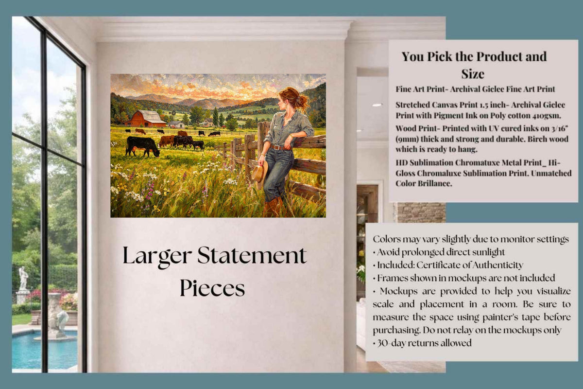 Where The Cattle Graze | Modern Farm Wife & Cattle Art | Giclee Paper • Canvas • Wood • Metal