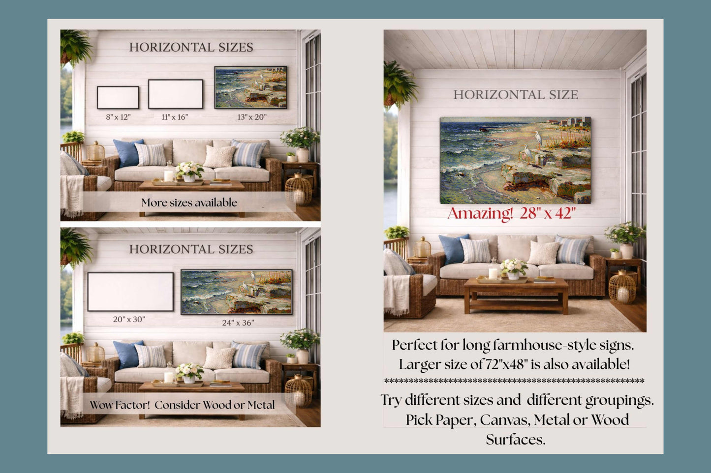Coastal Herons – Impressionist Beach Painting, Shorebirds at the Surf, Coastal Wall Art, Giclée on Canvas, Wood, Metal & Fine Art Paper
