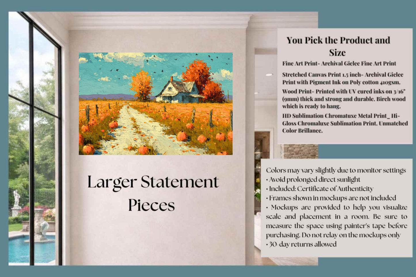 Autumn Farm Road | Fall Farmhouse Landscape Art | Pumpkin Patch Decor | Giclee Paper • Wood • Metal • Canvas