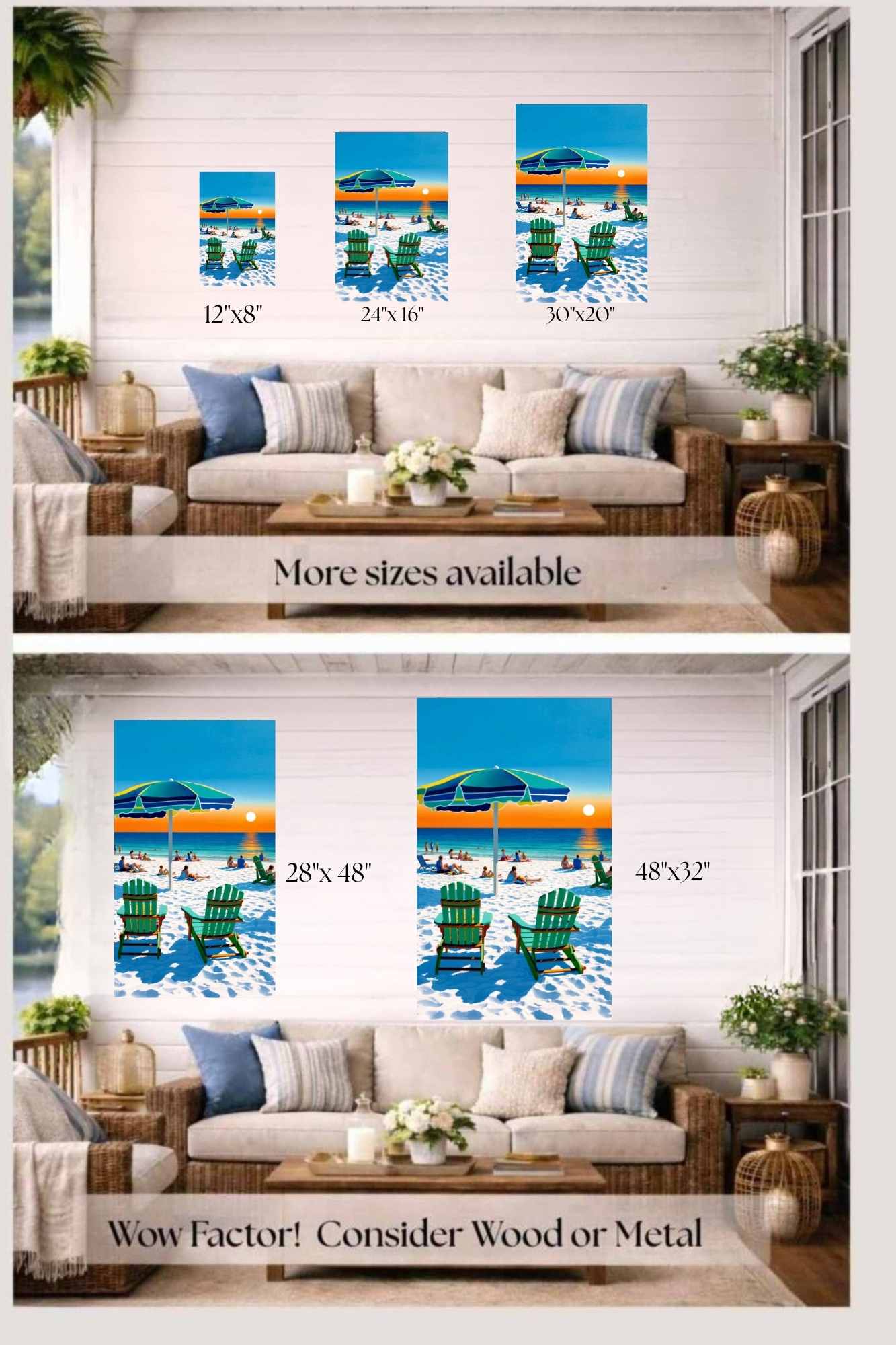 Beach Sunset With Adirondack Chairs| Beach Tropical Print| Giclee Paper- Wood- Metal- Canvas