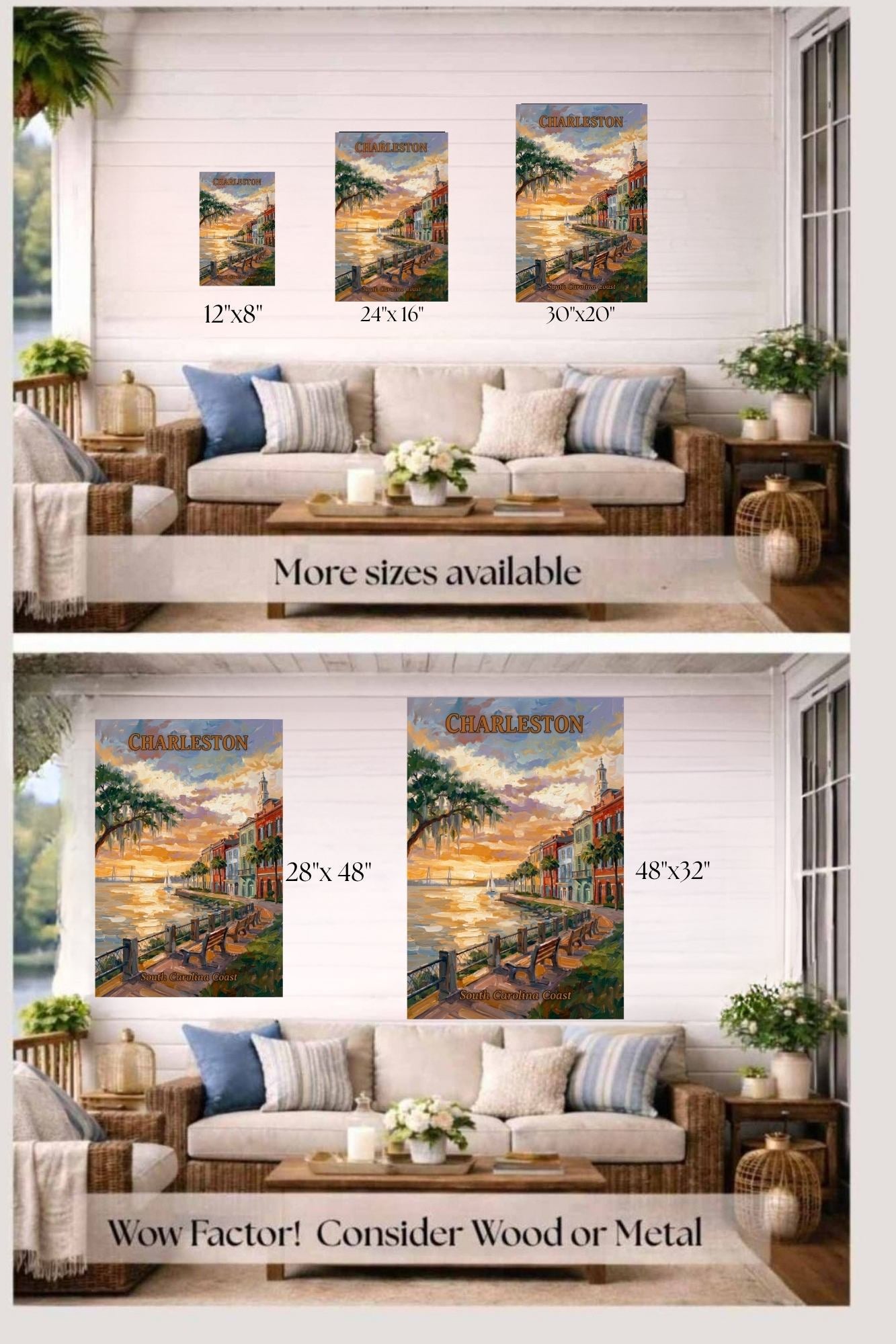 Charleston Sunset And Coastal Charm| US East Coast Art | Travel Poster|Prints Giclee Paper Giclee Canvas Birch Wood And Metal Panels
