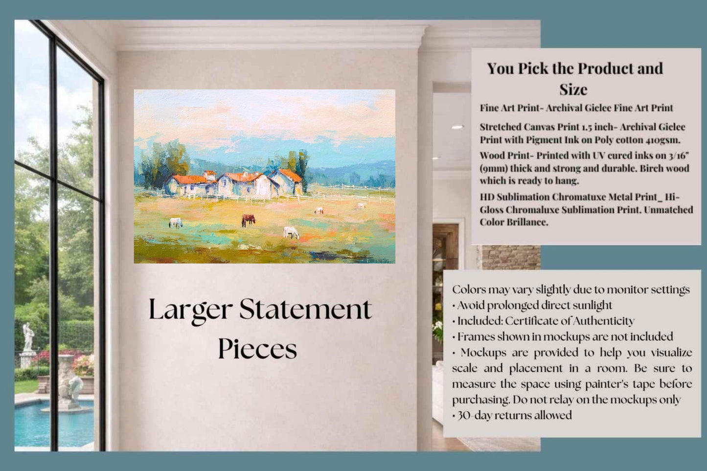 Tuscan Horse Farm at Dusk| Equestrian Print |Impressionist Art| Landscape Print| Giclée on Canvas, Wood, Metal, Fine Art Paper