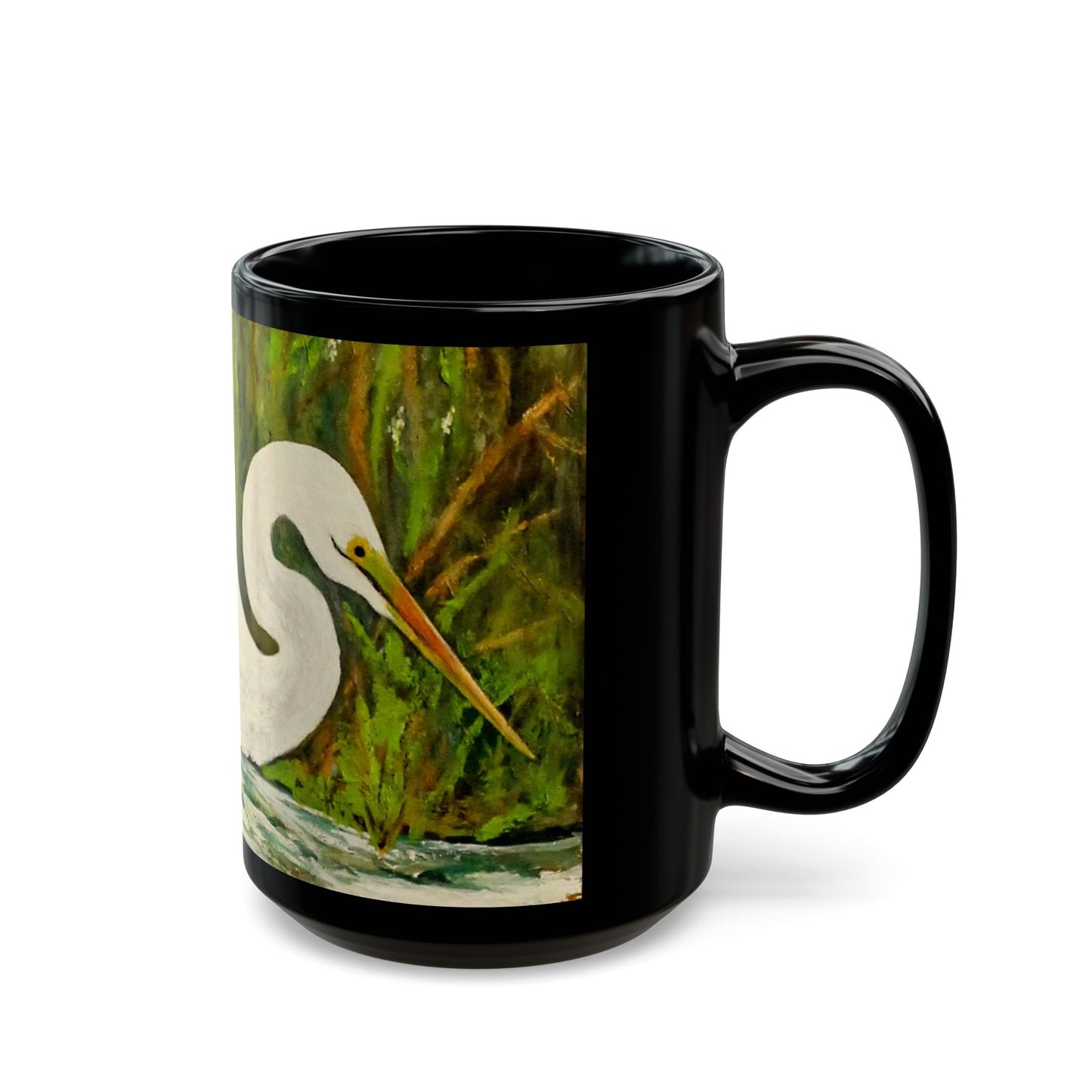 White Egret- 11 oz or 15 oz Ceramic Black Mugs