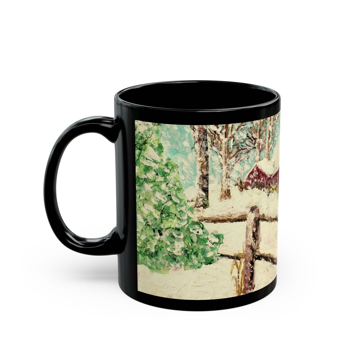 Snowy Christmas Morning - 11 oz or 15 oz Ceramic Black Mugs