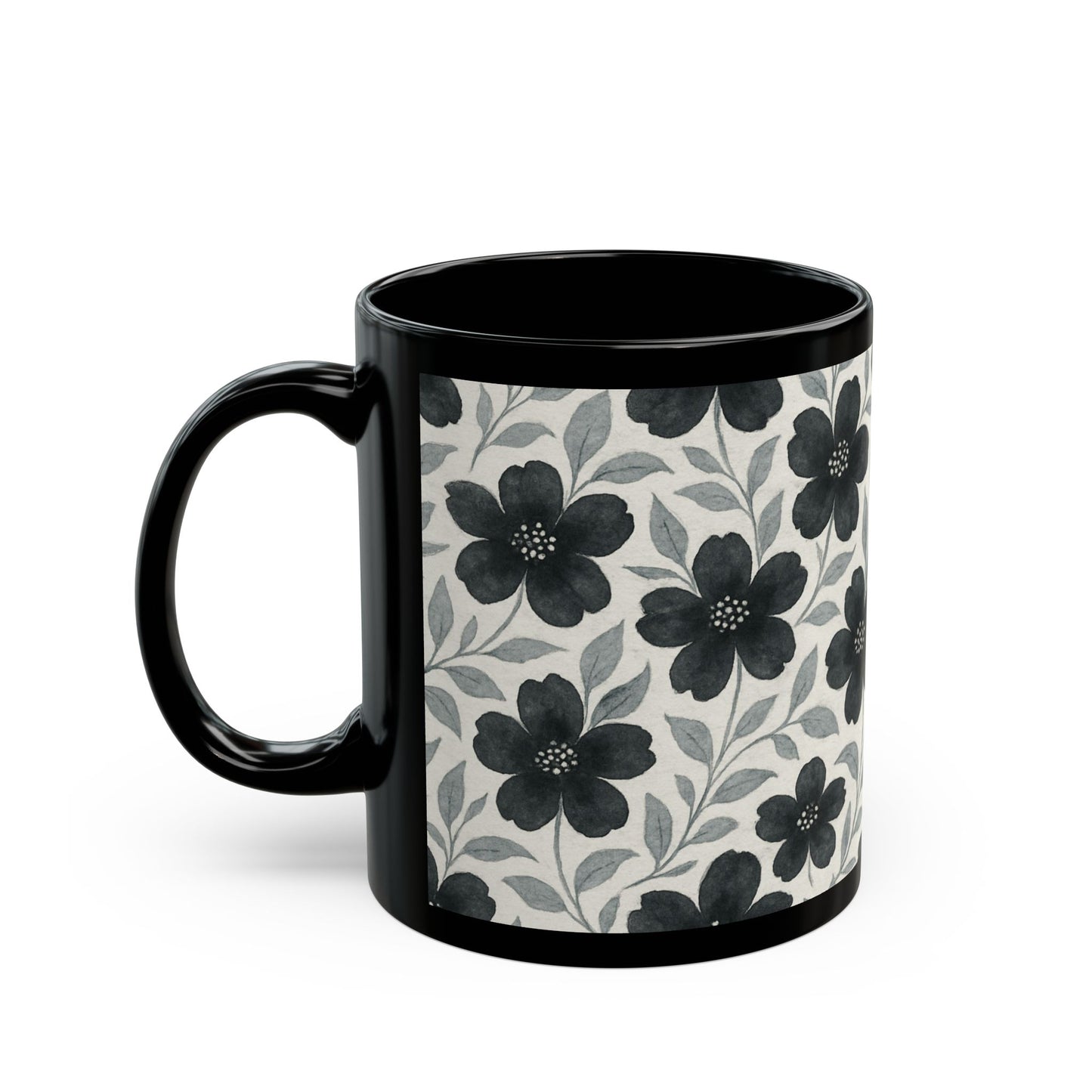 Black with Silver Flowers - 11 oz or 15 oz Ceramic Black Mugs