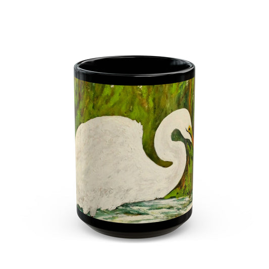 White Egret- 11 oz or 15 oz Ceramic Black Mugs