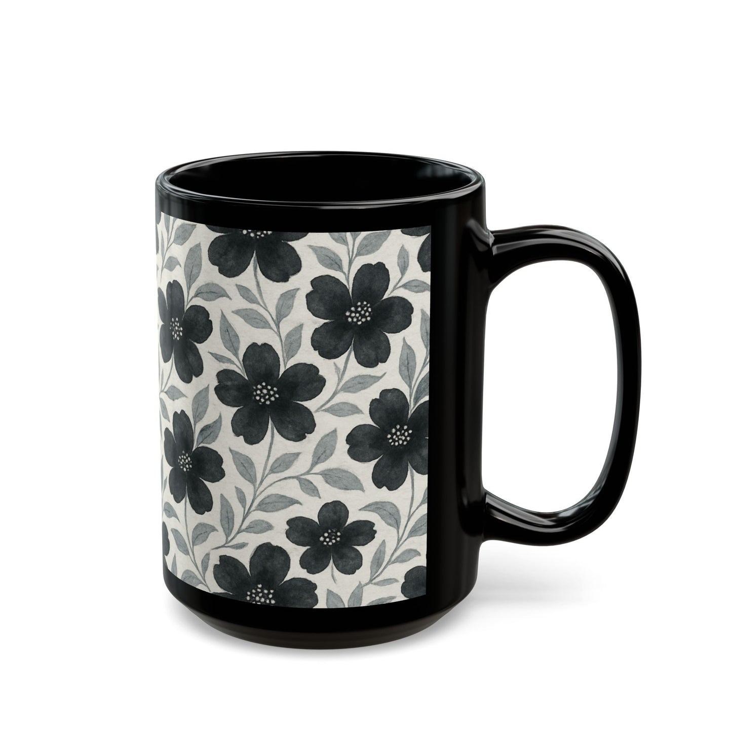 Black with Silver Flowers - 11 oz or 15 oz Ceramic Black Mugs