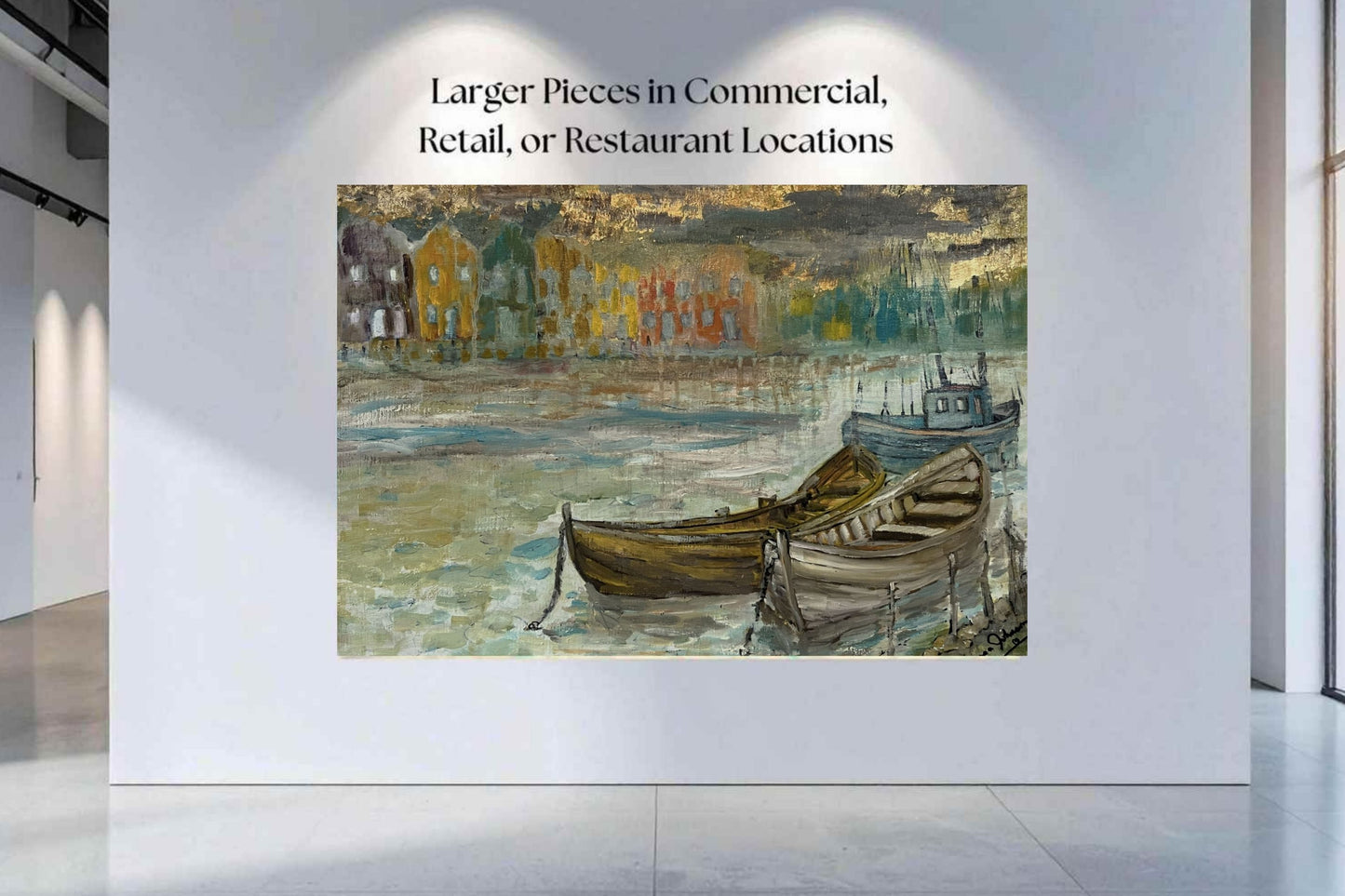 Rainy Harbor | Original Teresa Johnson Coastal Harbor Painting | Fishing Boats & Waterfront Village | Giclée Paper • Wood • Metal • Canvas