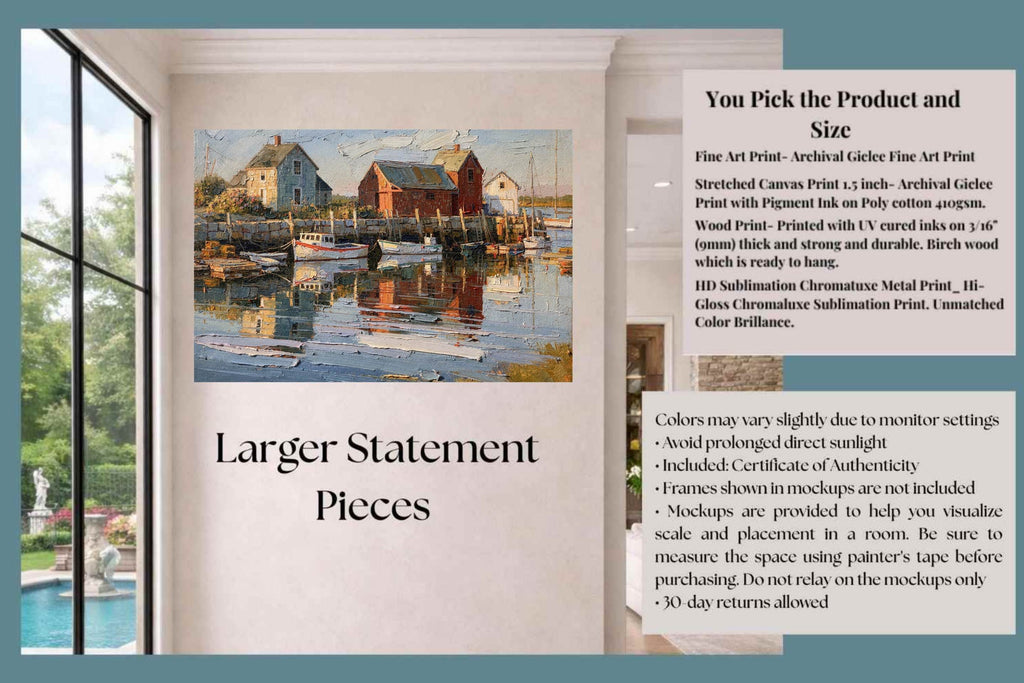 New England Boating| Coastal Homes and Ships Art| Giclee Paper- Wood- Metal- Canvas