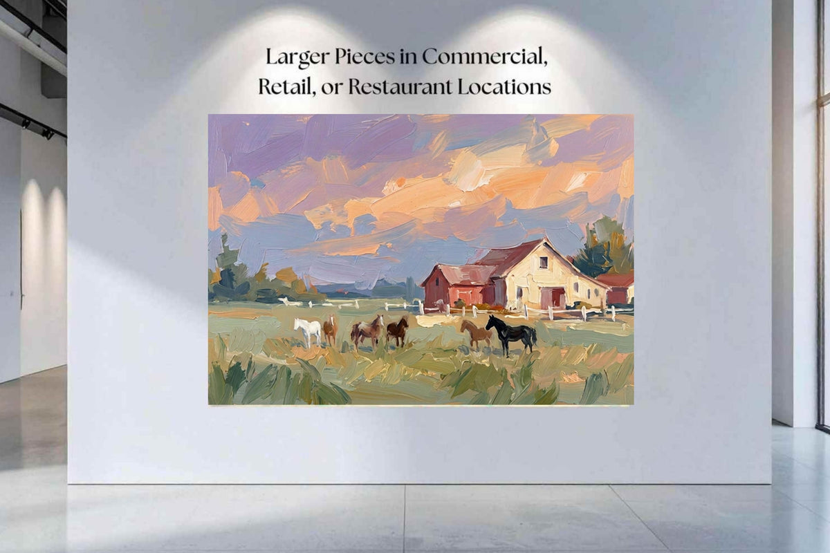 Spring Morning Stables |Pastel Impressionist Print| Horse Farm Print| Equestrian Wall Art| Giclée on Canvas, Wood, Metal, Fine Art Paper