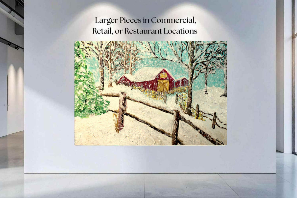 Snowy Christmas Morning| Merry Christmas Art| Vintage Look Farm Barn| Giclee Paper- Wood- Metal- Canvas