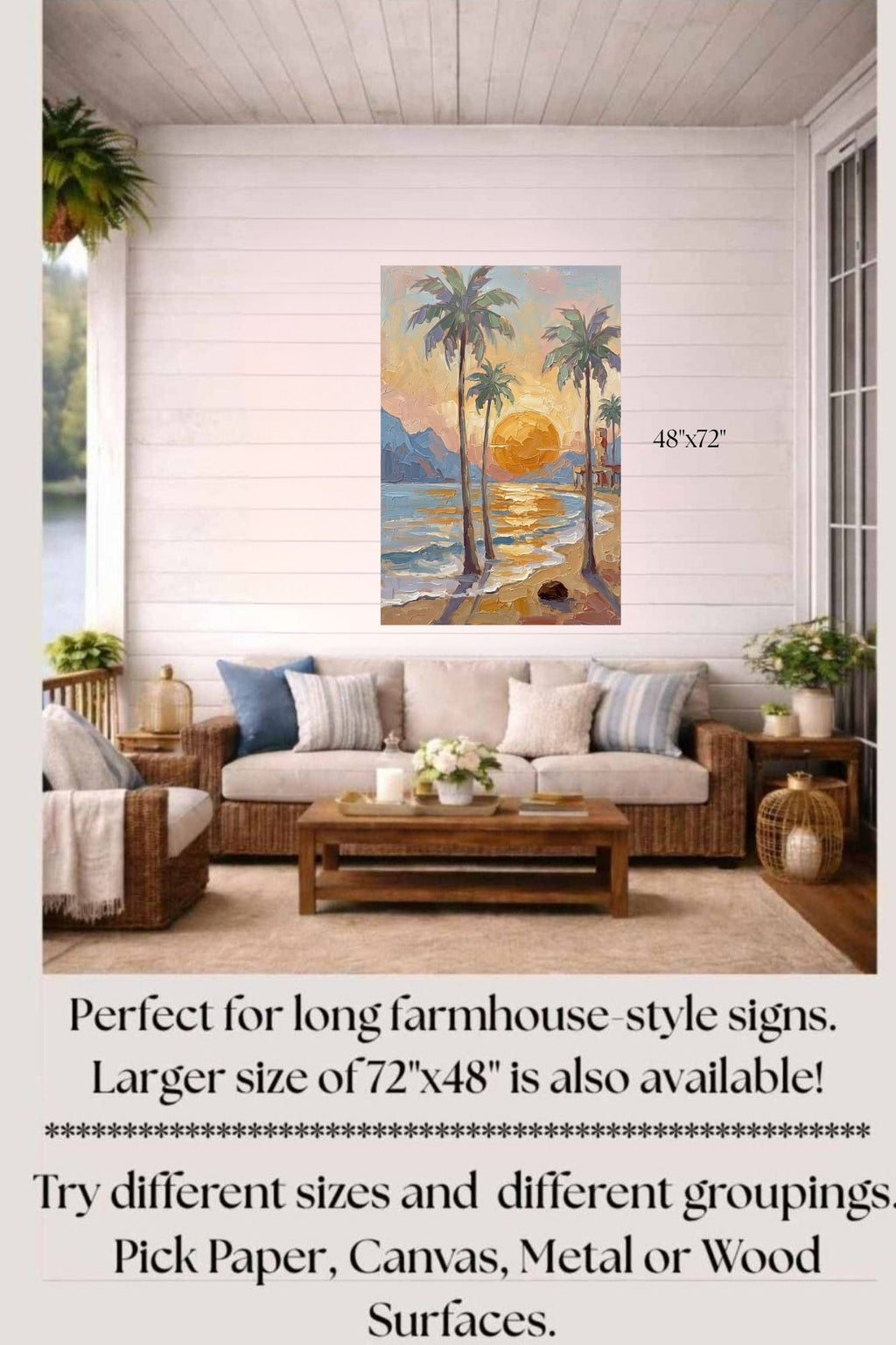 Tropical Sunset View | Impressionist Island Beach Wall Art | Coastal Palm Tree Painting | Giclée Print on Paper, Canvas, Wood & Metal