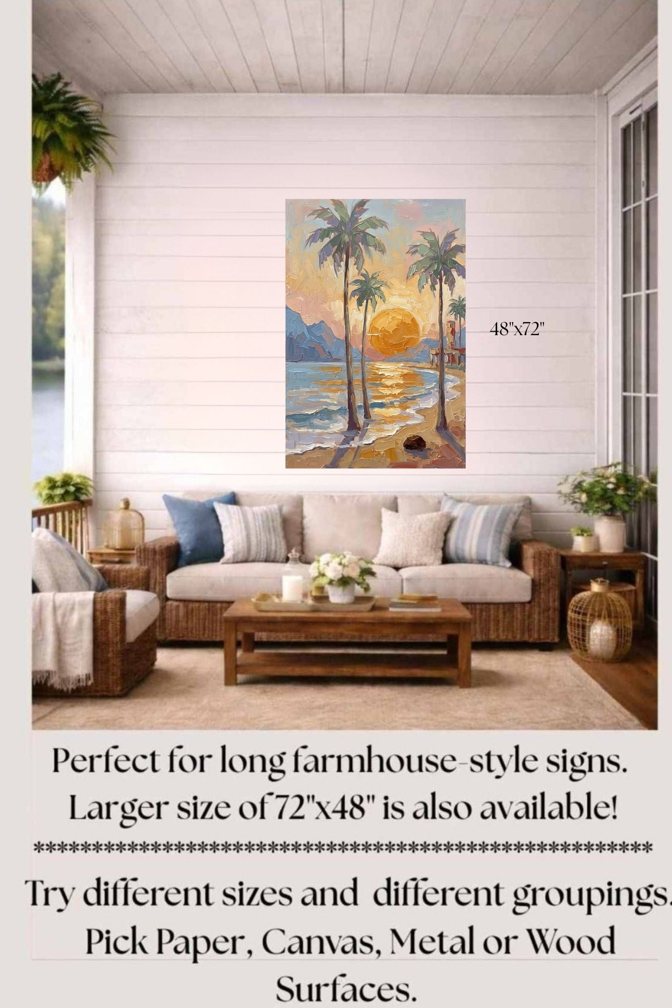 Tropical Sunset View | Impressionist Island Beach Wall Art | Coastal Palm Tree Painting | Giclée Print on Paper, Canvas, Wood & Metal